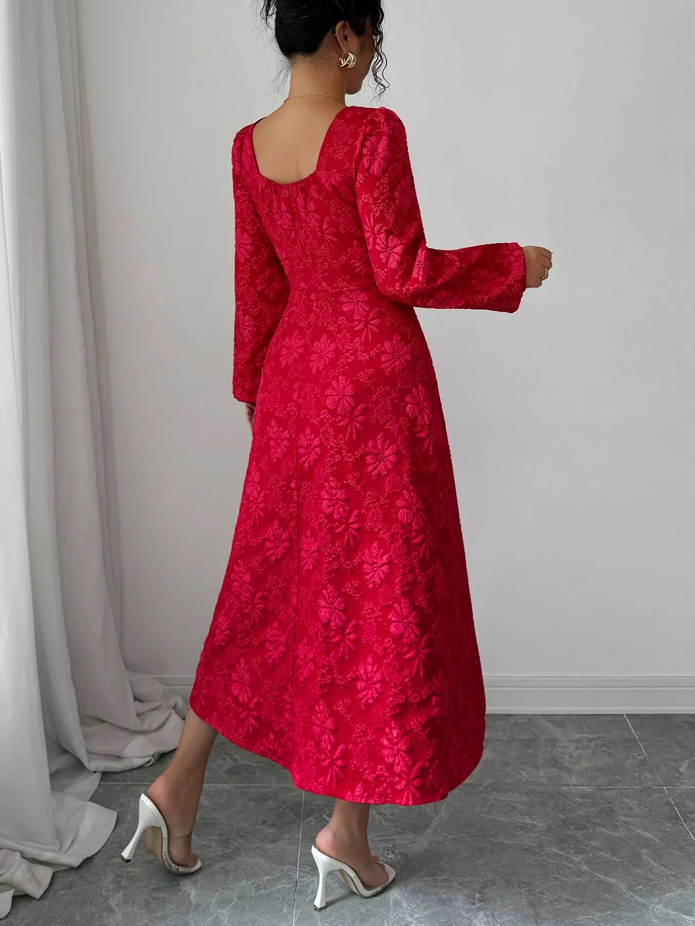 Floral Balloon Sleeve Midi Dress