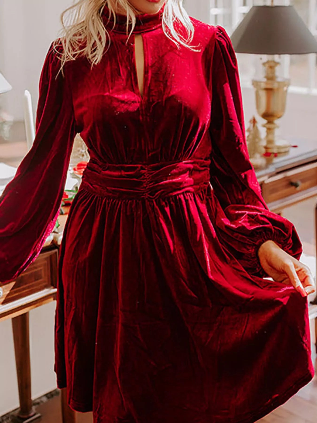 Velvet Mock Neck Balloon Sleeve Dress