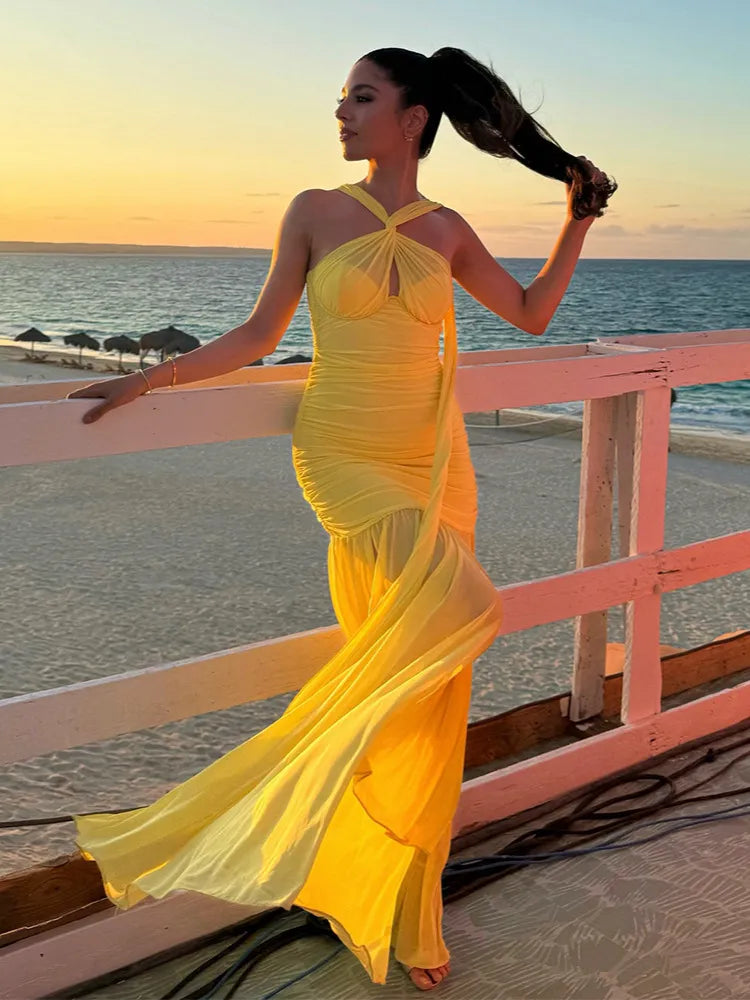 Maliya Halter Mesh Slit Maxi Dress