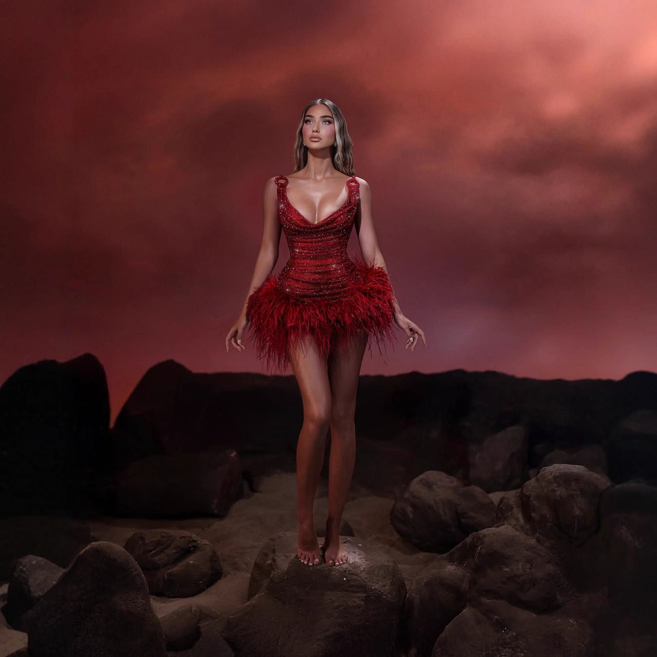 Red Sequin Feather Mini Dress â€?Luxury Party Style