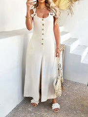 Devine Button Front Knotted Strap Wide Leg Jumpsuit