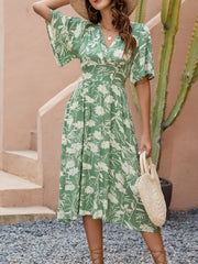 Printed V-Neck Flutter Sleeve Midi Dress
