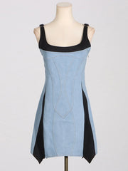 Contrast Adjustable Strap Denim Dress