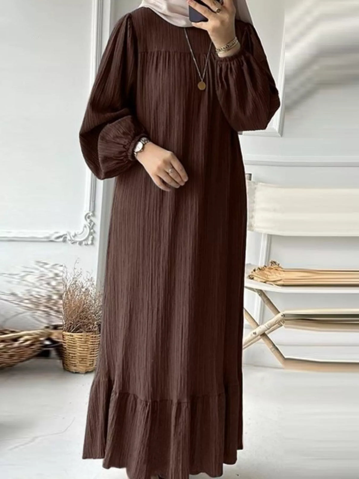 Full Size Textured Balloon Sleeve Maxi Dress Plus Size