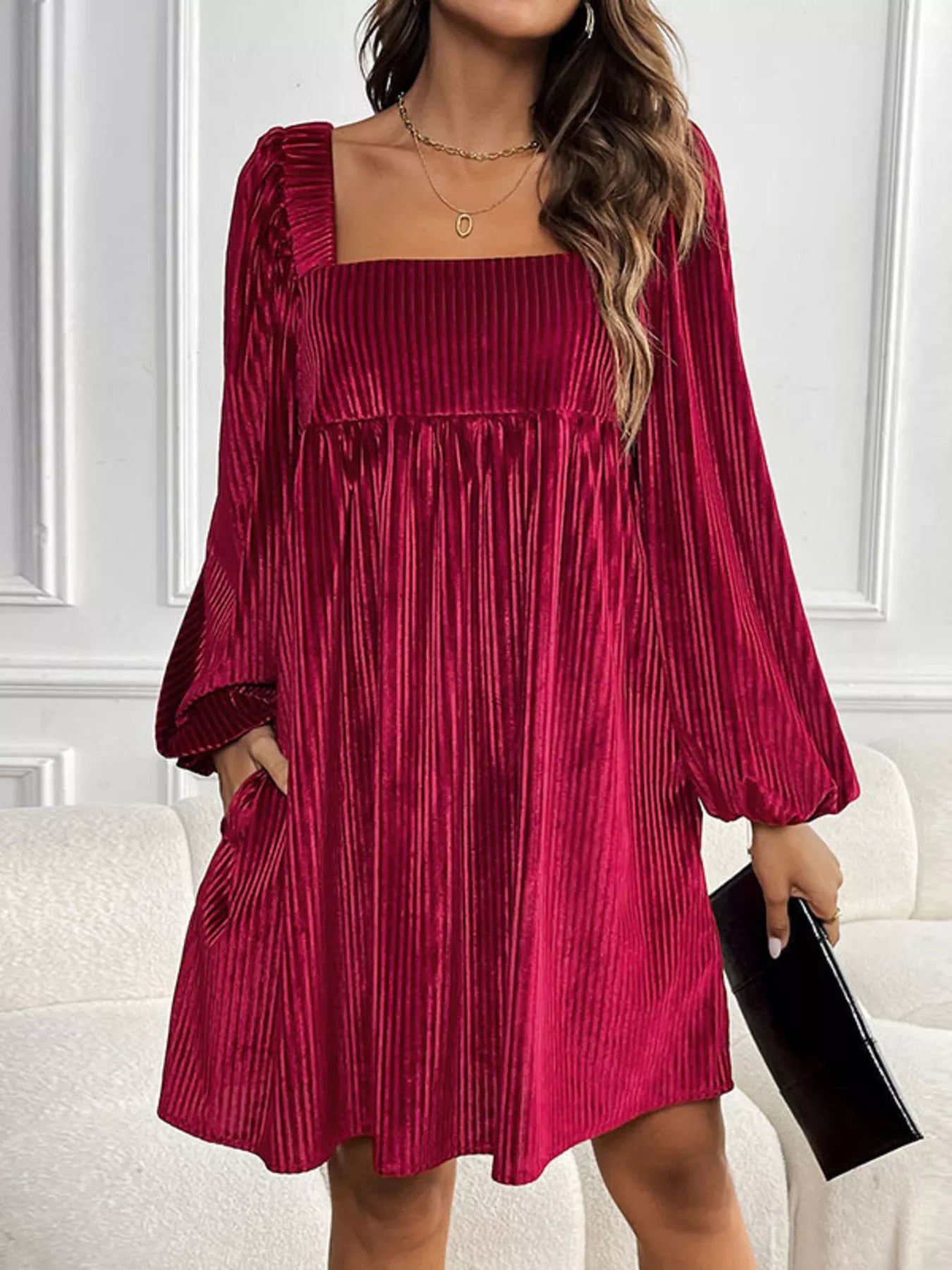 Velvet Square Neck Long Sleeve Dress