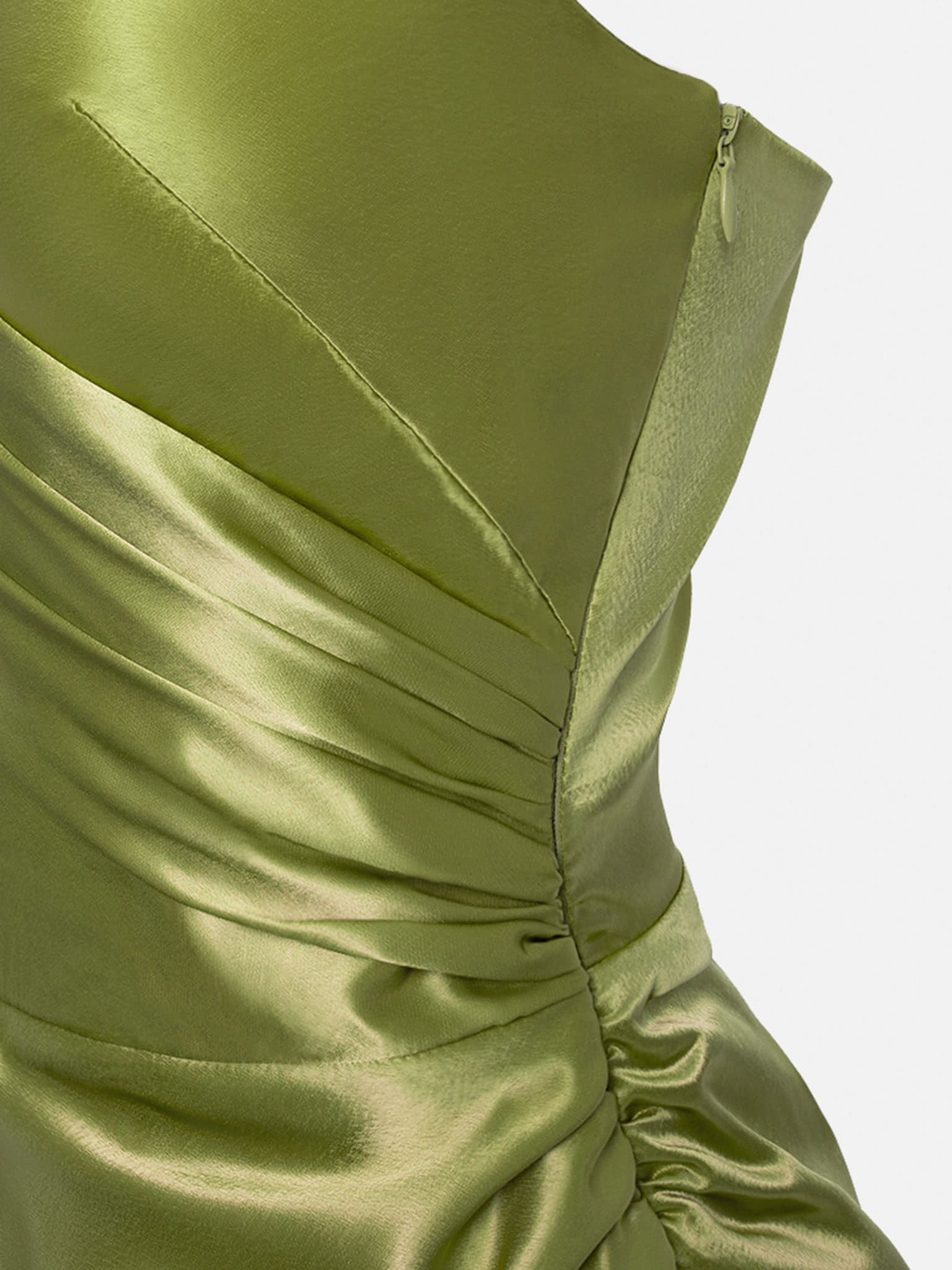 Satin V-neck Side Gathered Dress-Green