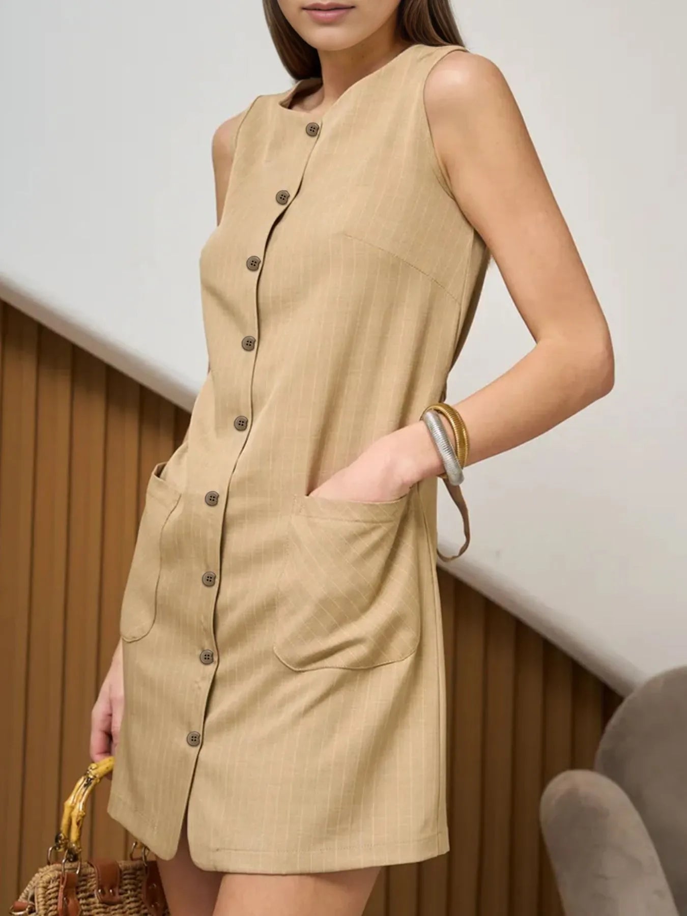 Button-Front Sleeveless Mini Dress with Tie Waist