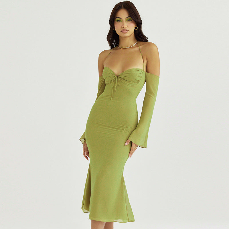 Ladies White Halter Tie One Shoulder Long Sleeve Dress