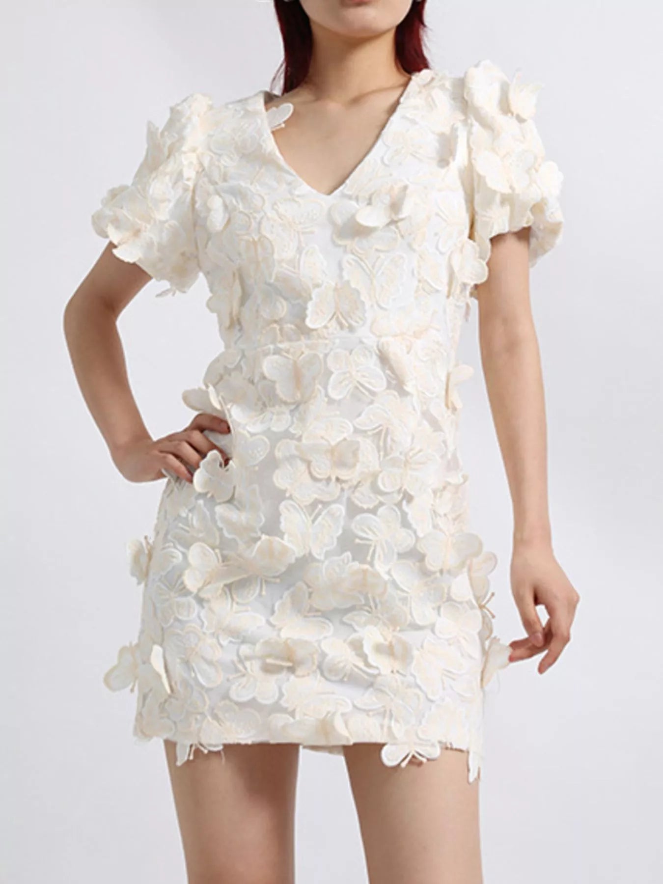 Butterfly V-Neck Puff Sleeve Mini Dress