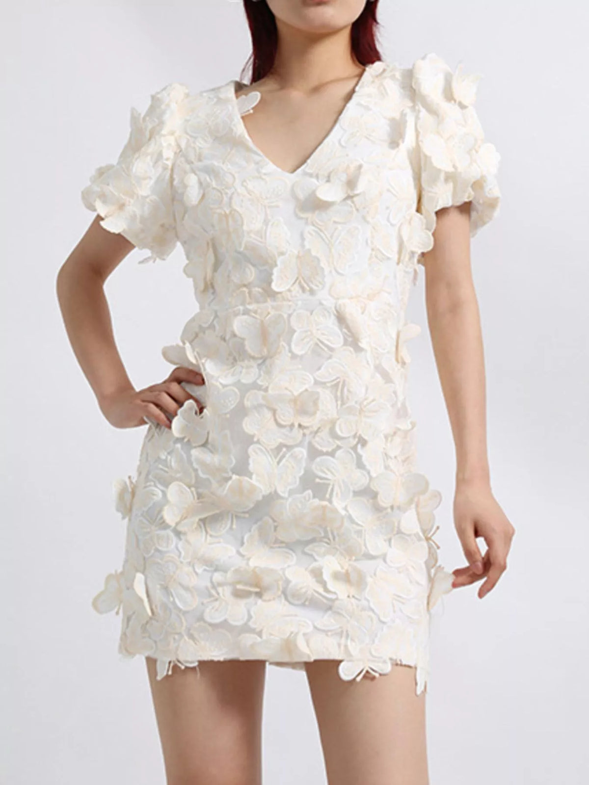 Butterfly V-Neck Puff Sleeve Mini Dress