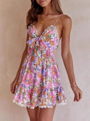 Floral Print Tie-Front Cami Dress with Lace Trim