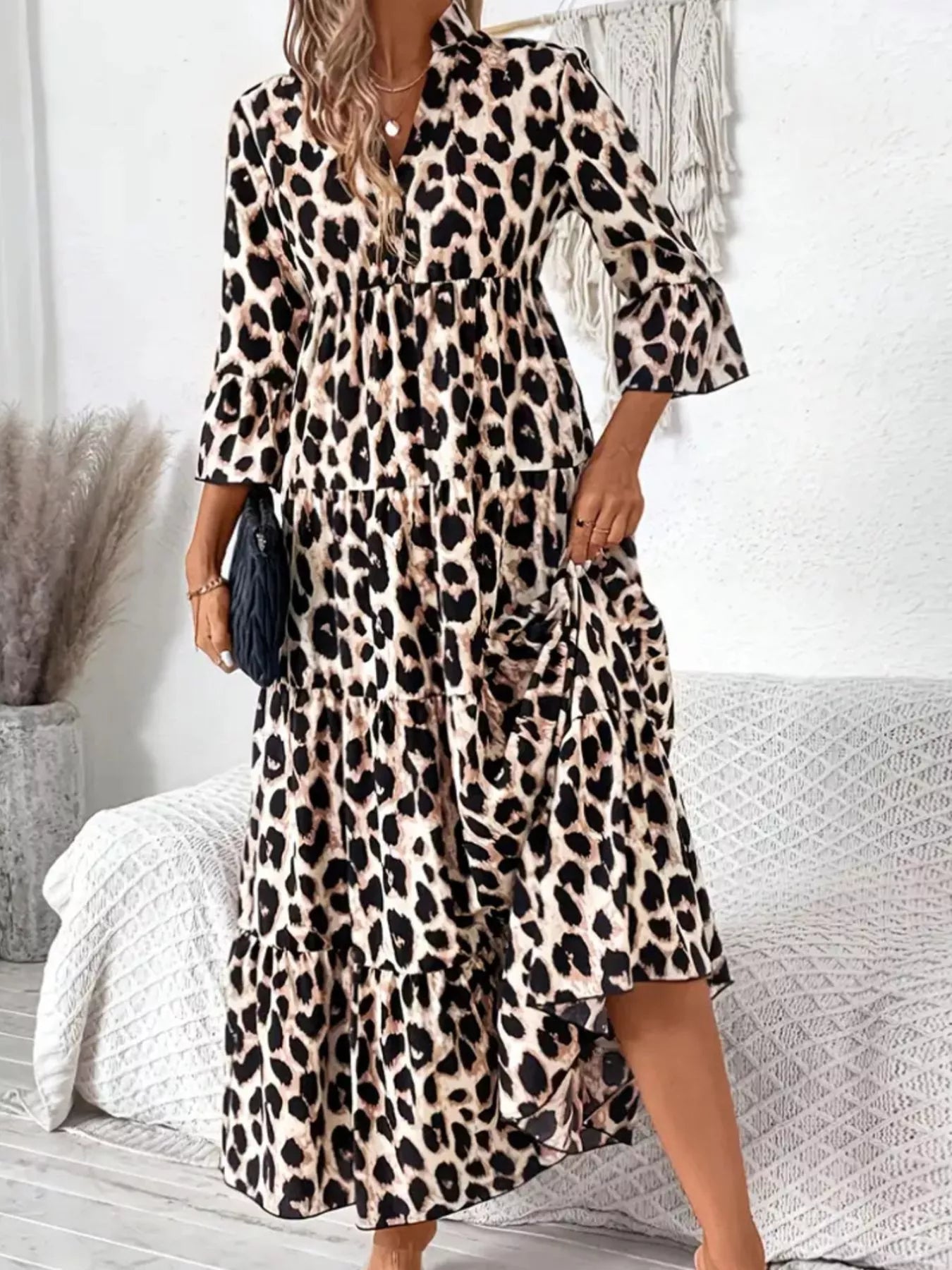 Leopard 3/4 Sleeve Midi Dress