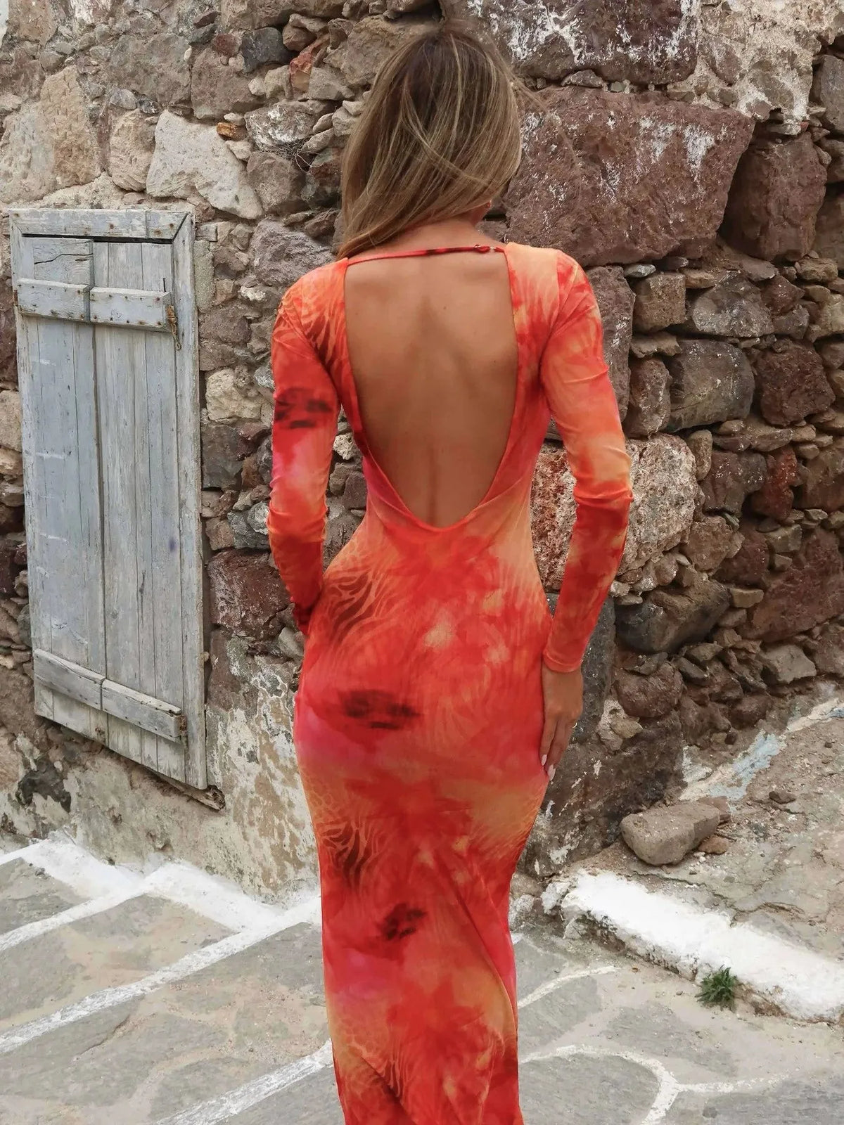 Tie-Dye Long Sleeve Maxi Bodycon Dress