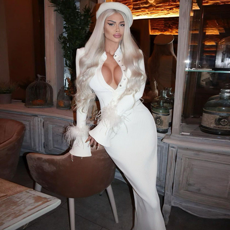 Chic Long Sleeves Collar Feather Cuff Bandage Dress