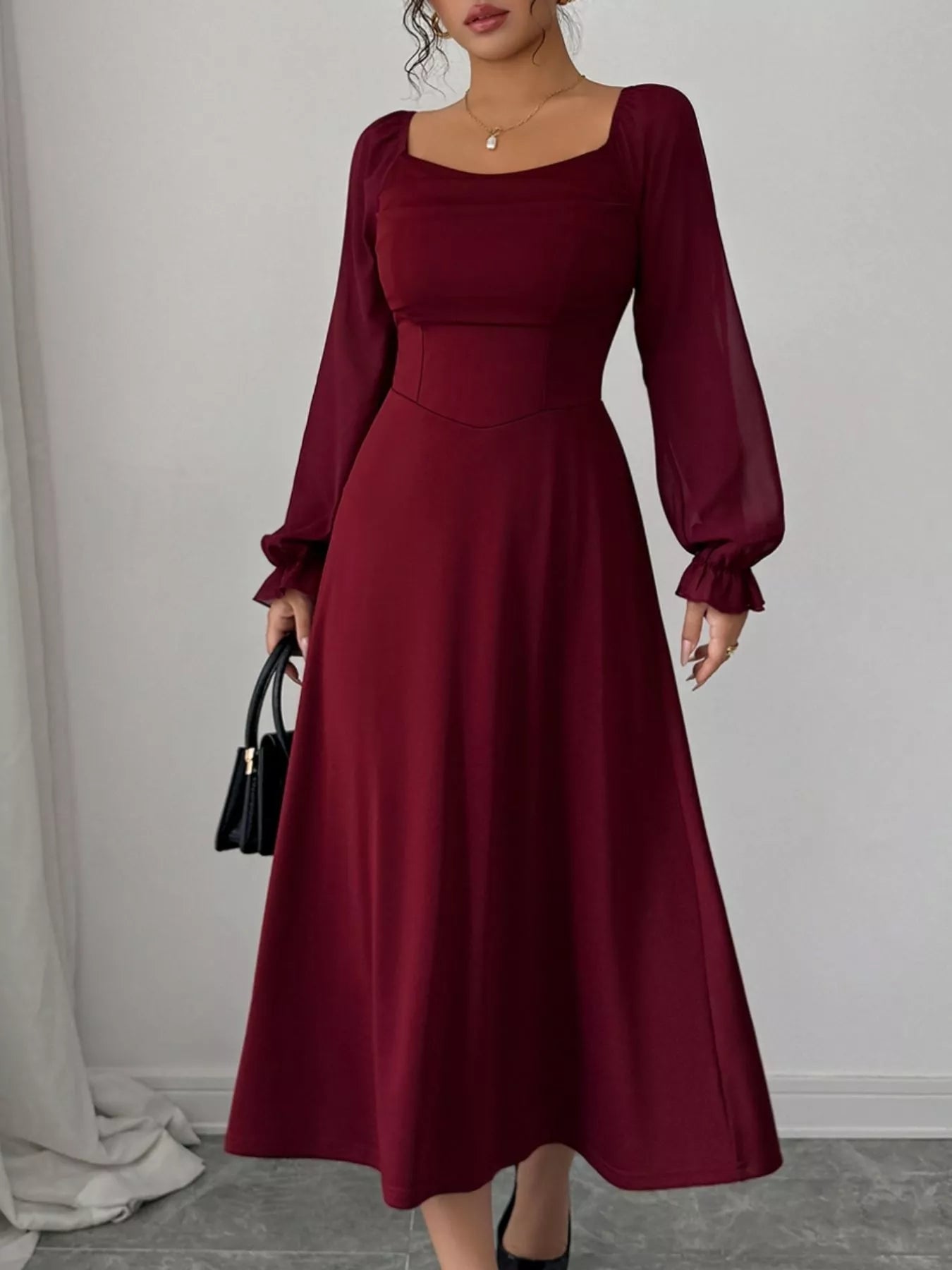 Flounce Sleeve A-Line Midi Dress