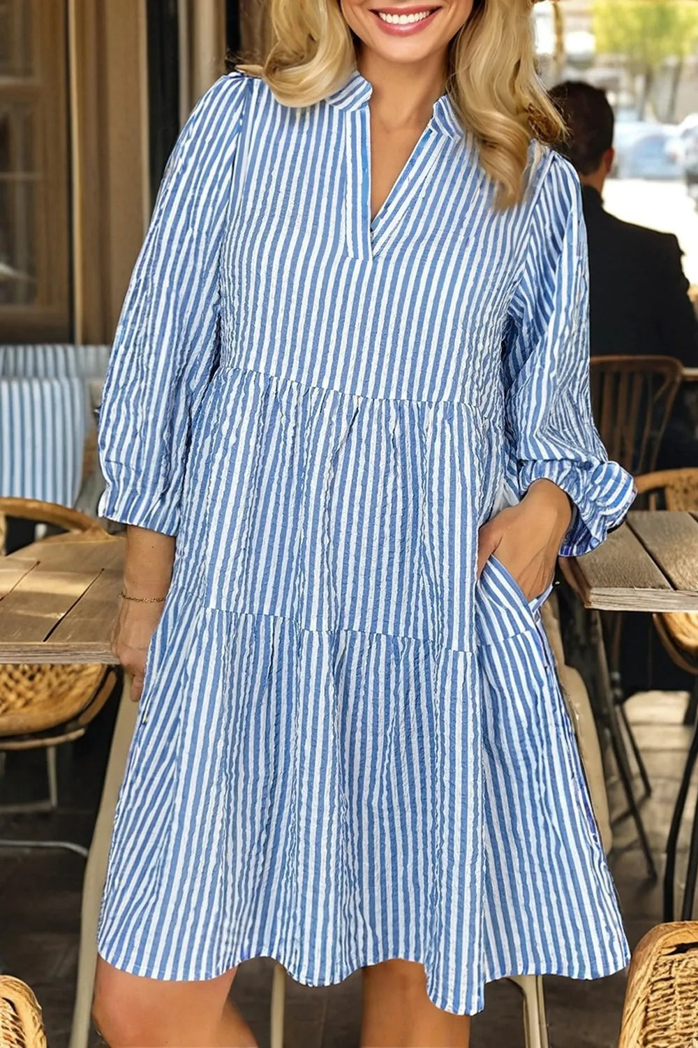 Stripe Tiered Shift Dress with Pockets