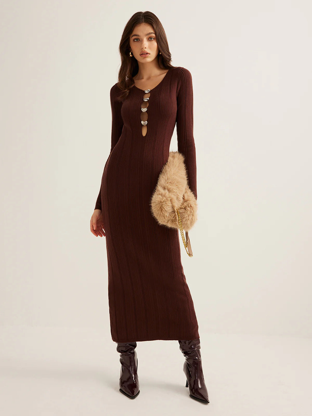 Royal Retro V-neck Slim-fit Long Sleeve Knitwear Dress