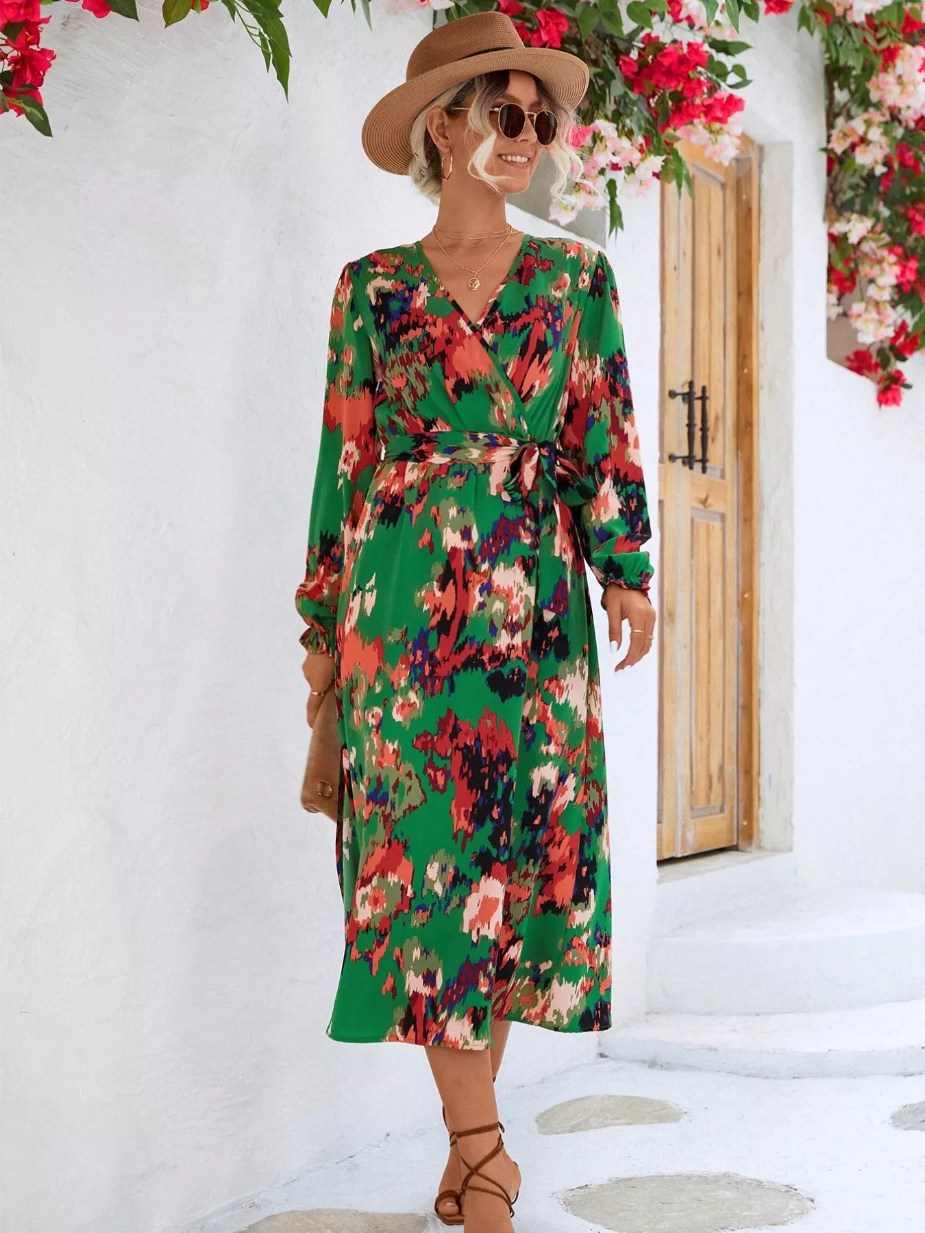 Printed Surplice Long Sleeve Midi Dress