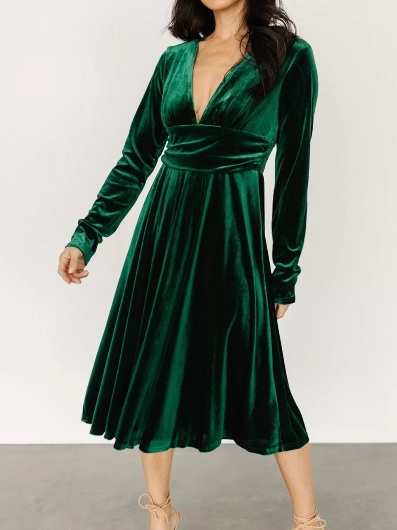 Velvet Deep V-Neck Long Sleeve Dress