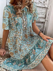 Printed Tie Neck Short Sleeve Mini Dress