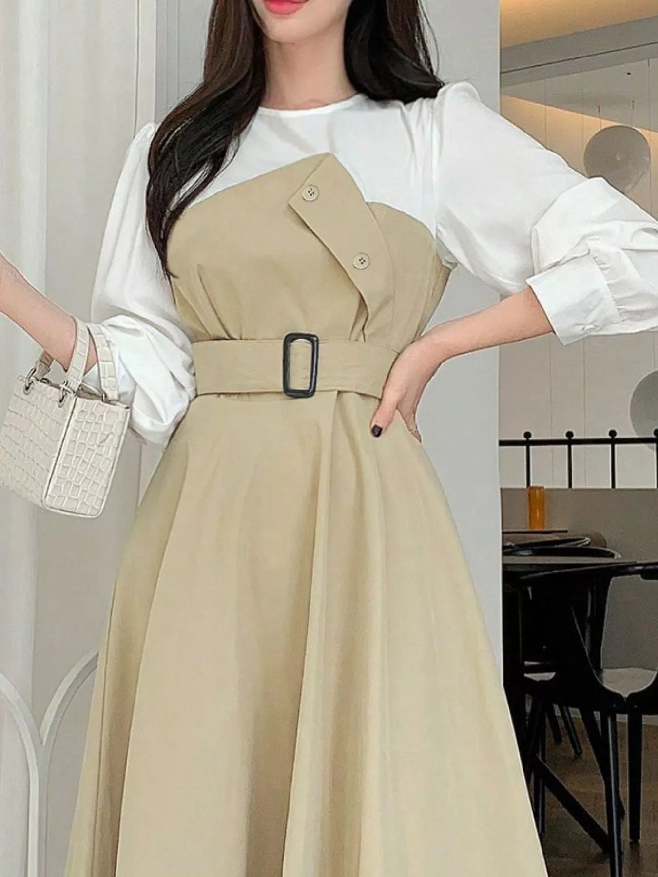 Contrast Long Sleeve Midi Dress with Belted