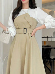 Contrast Long Sleeve Midi Dress with Belted