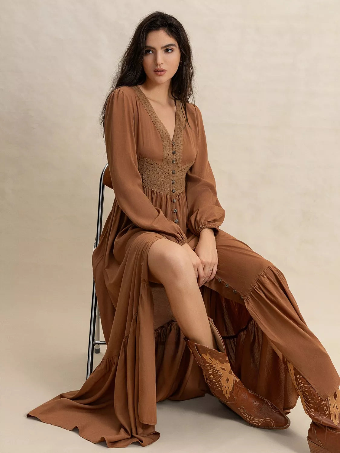 Long Sleeve Button-Front Maxi Dress