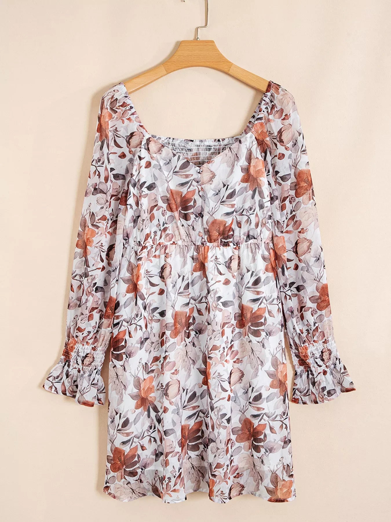 Floral Print Sweetheart Neck Long Sleeve High Waist Mini Dress