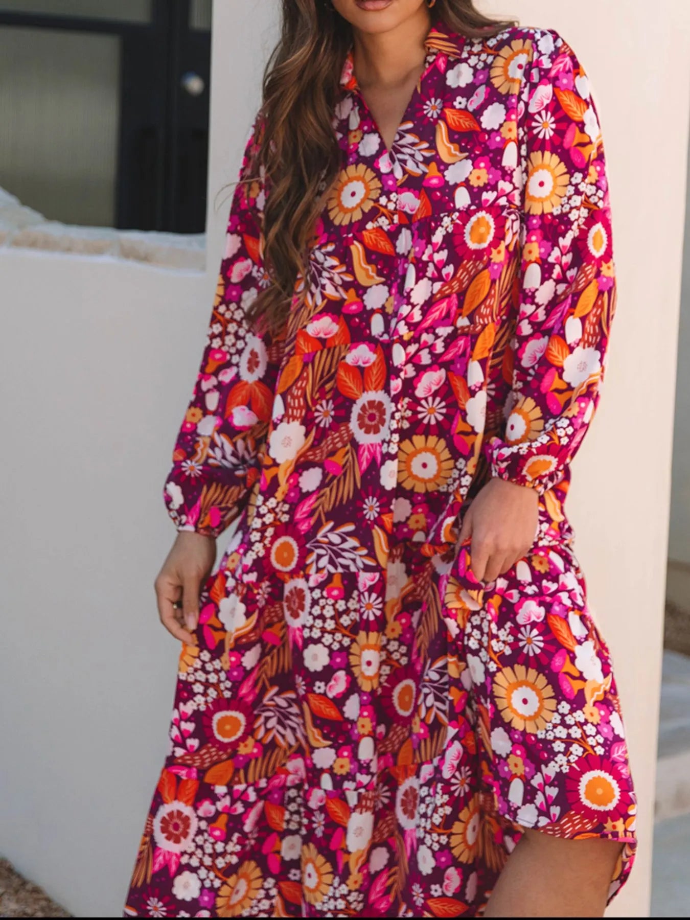 Floral Print Long Sleeve Midi Dress with Pockets