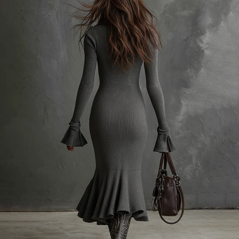 Aluna Half Zip Fishtail Hem Flared Sleeve Dress