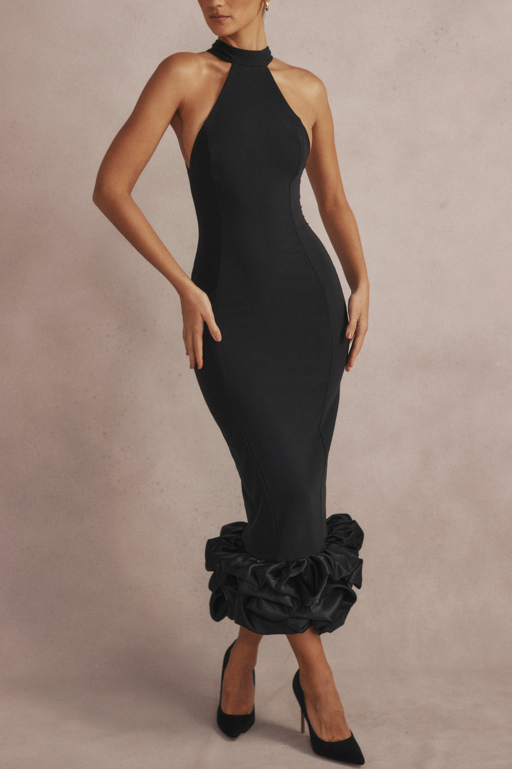 Elegant Black Halter Midi Dress