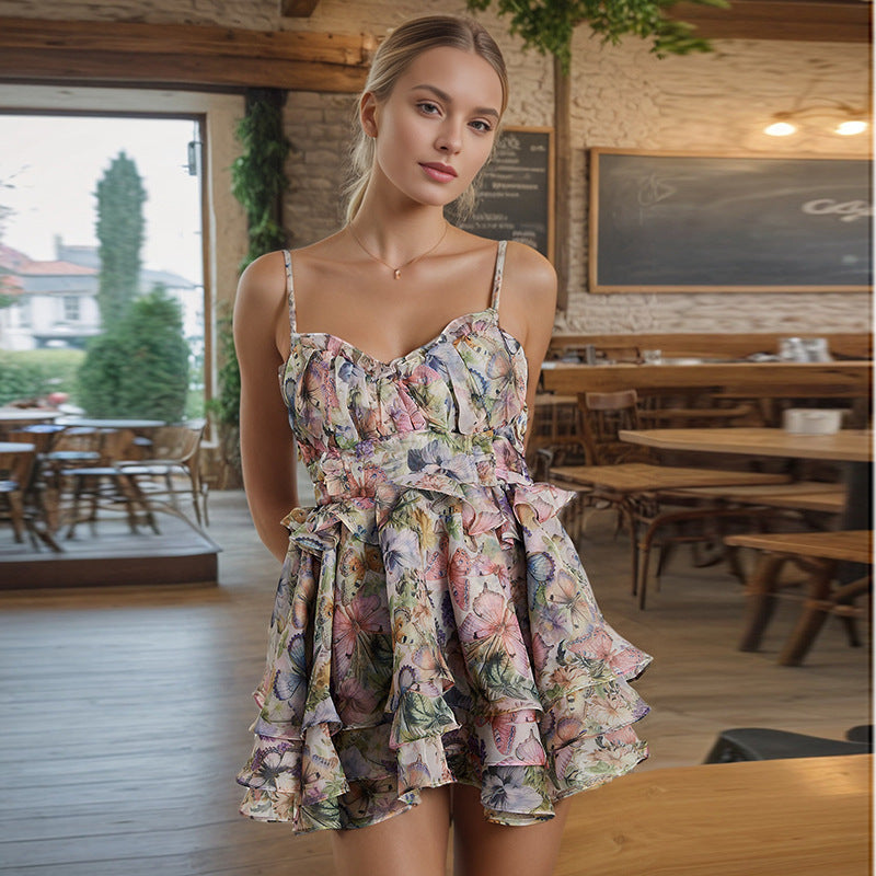 Kelly Sleeveless V-neck Lacing Flounce Mini Dress