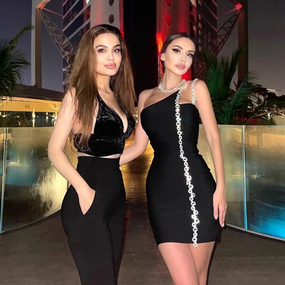 One-Shoulder Long Chain Mini Dress