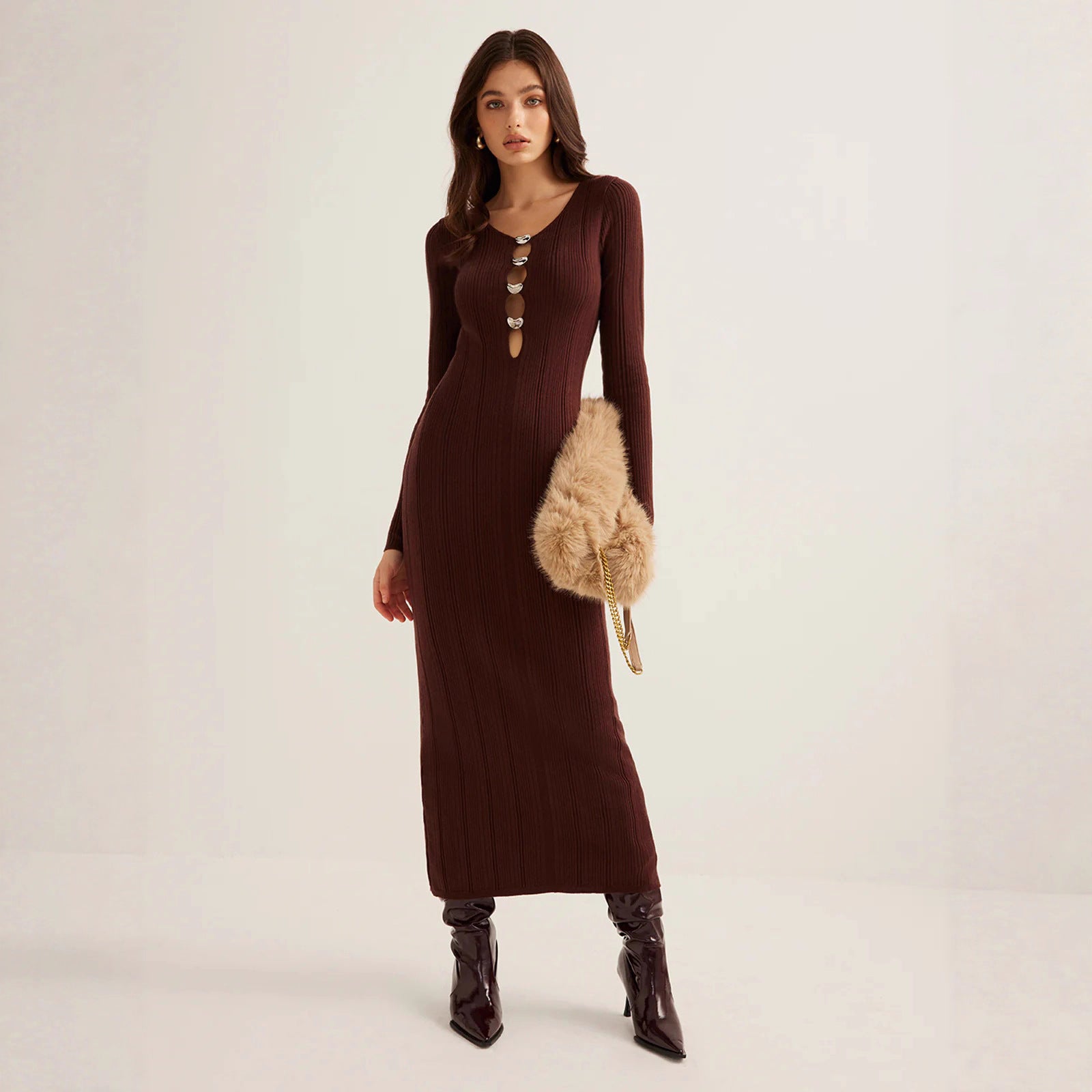 Royal Retro V-neck Slim-fit Long Sleeve Knitwear Dress