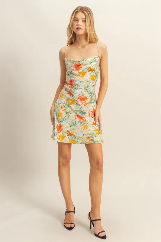 HYFVE Floral Cowl Neck Flirty Satin Mini Dress