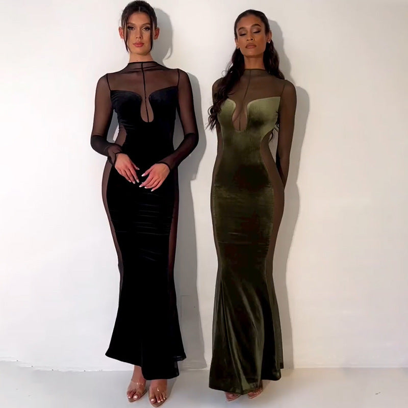 Hollow Long-sleeved Round Neck Backless Dress
