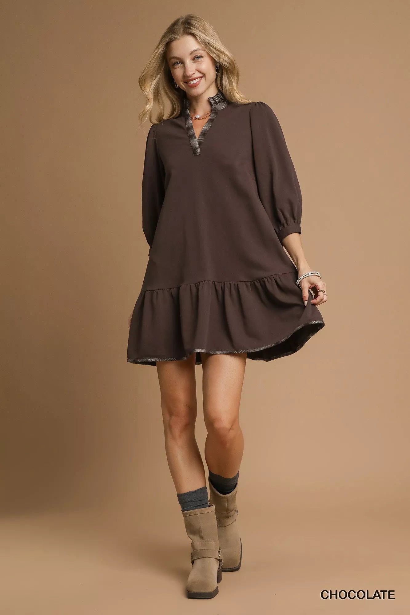 Umgee French Terry Ruffle Hem Dress with Plaid Trim