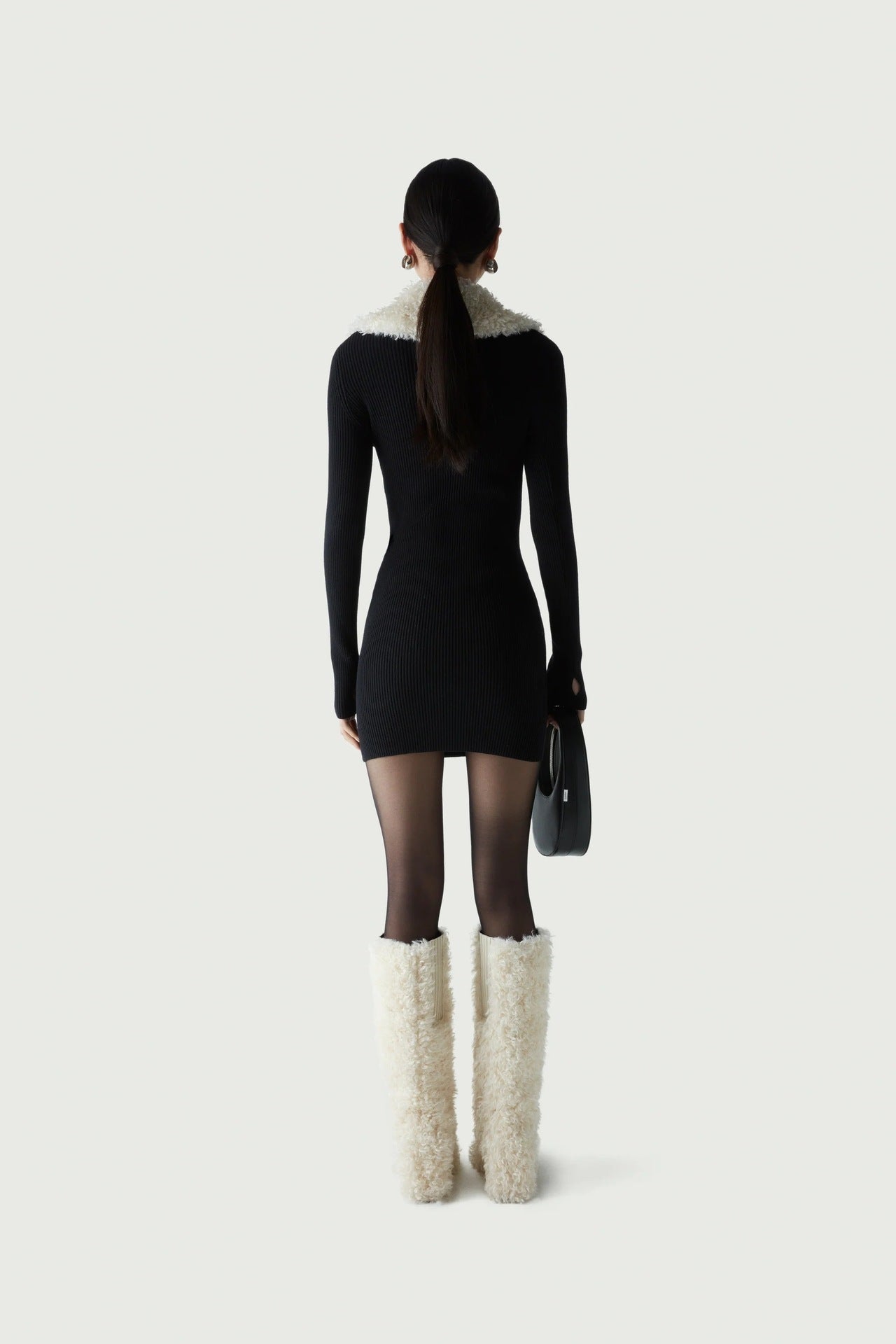 Slassa Fur Collar Zipper Black Dress