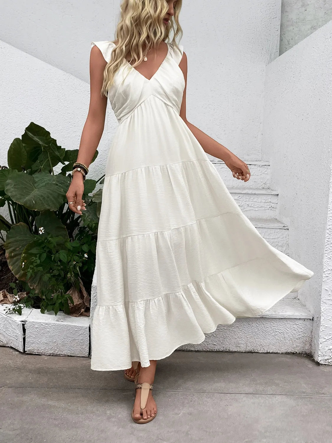V-Neck Sleeveless Tiered Dress