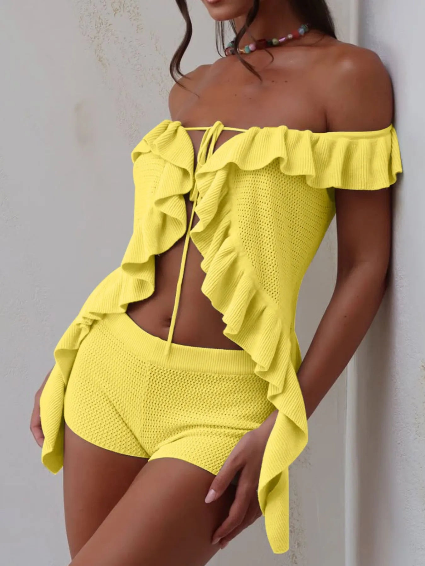 Off-Shoulder Ruffle Top and Shorts Sweater Set