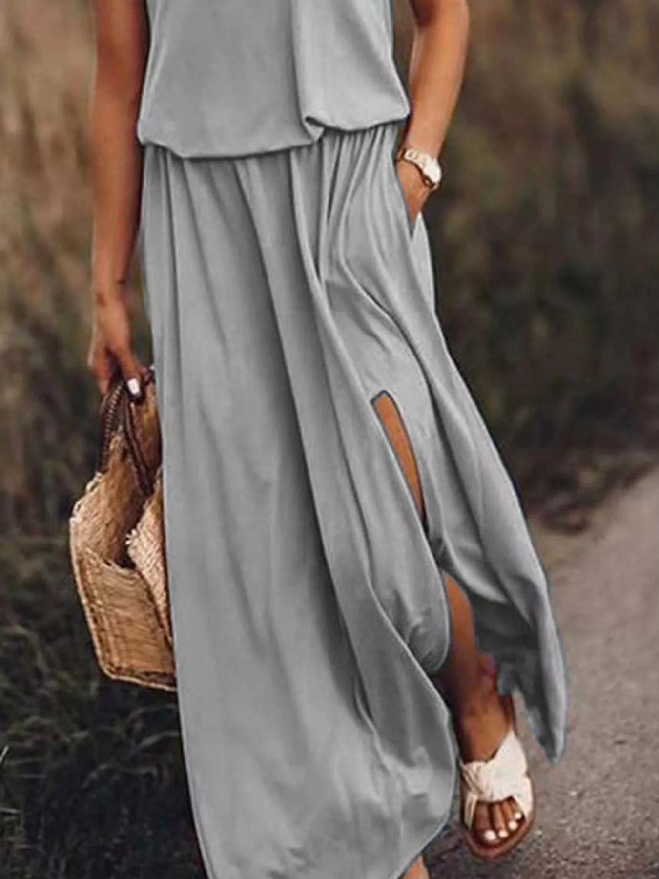 Round Neck Sleeveless Slit Maxi Dress