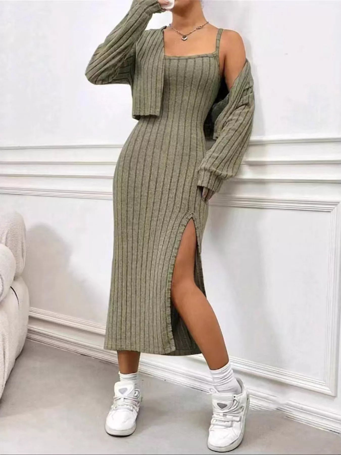 Ribbed Knit Cami Dress & Cardigan Set