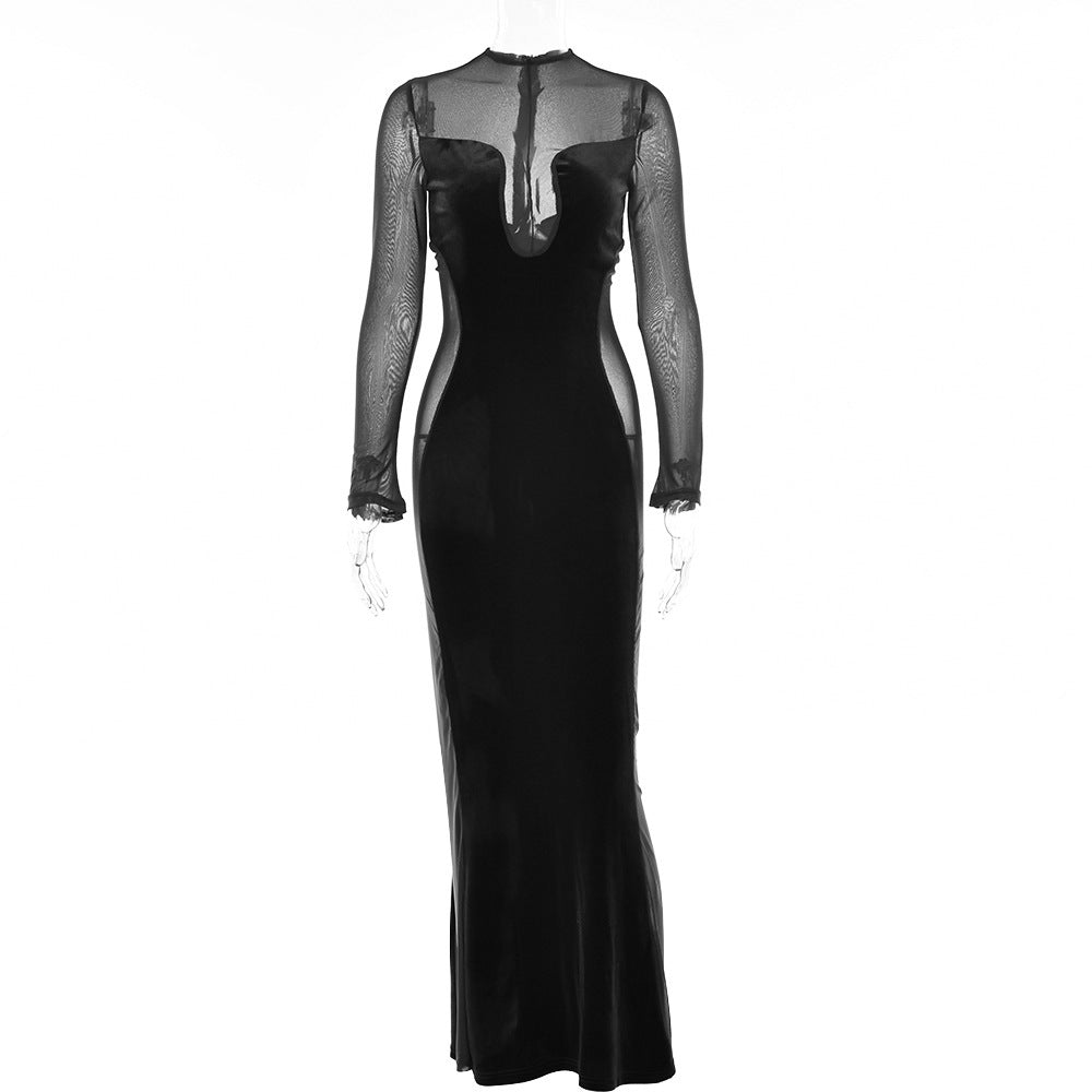 Hollow Long-sleeved Round Neck Backless Dress
