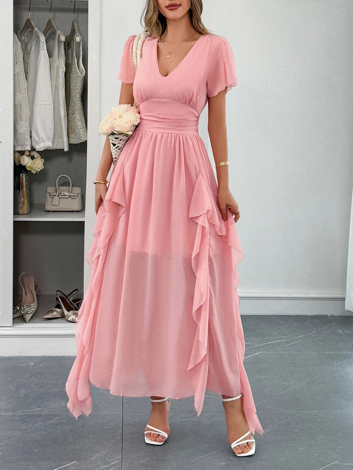 V-Neck Flutter Sleeve Dress