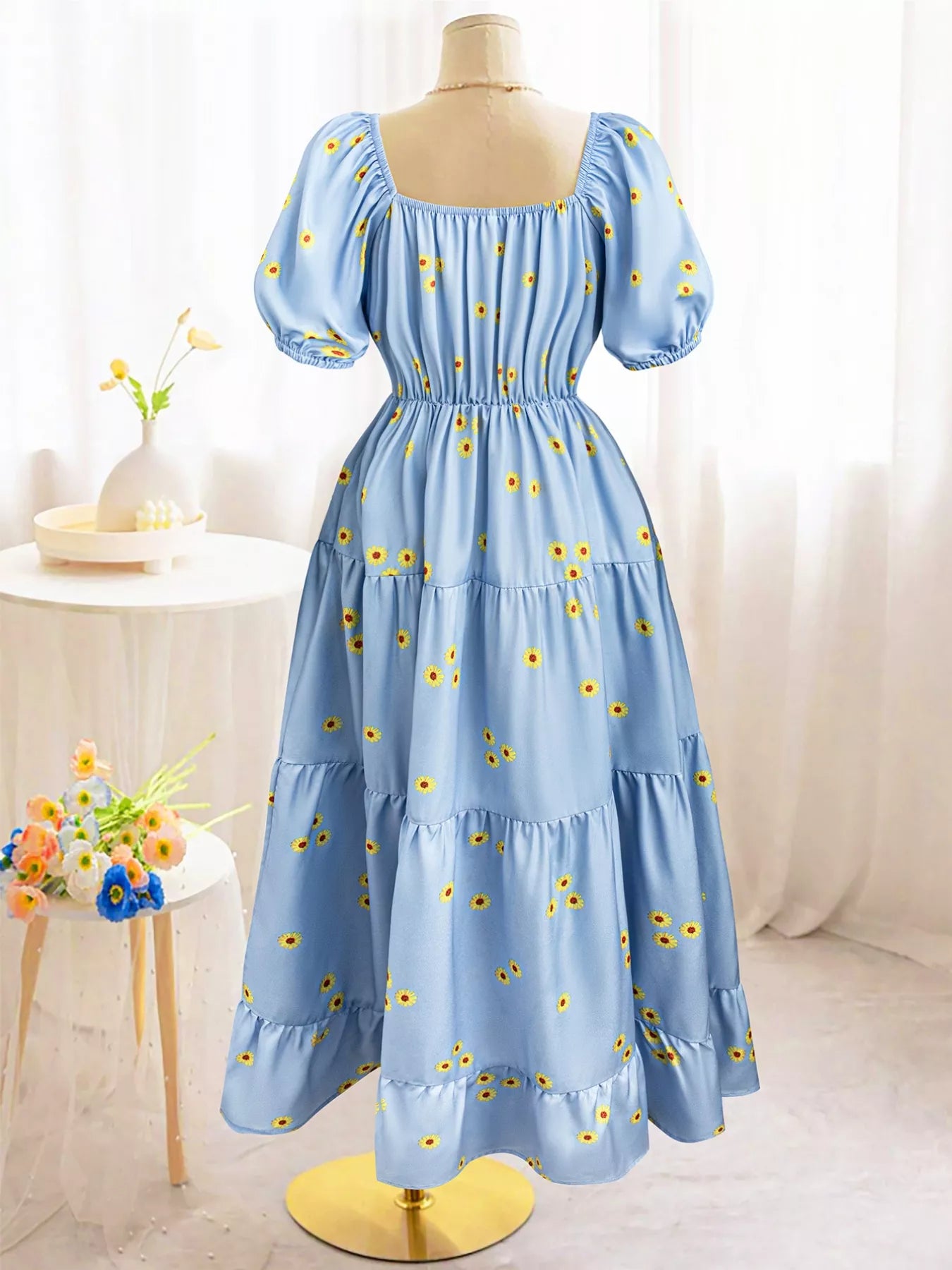 Daisy Print Puff Sleeve Tiered Maxi Dress