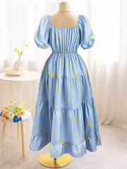 Daisy Print Puff Sleeve Tiered Maxi Dress