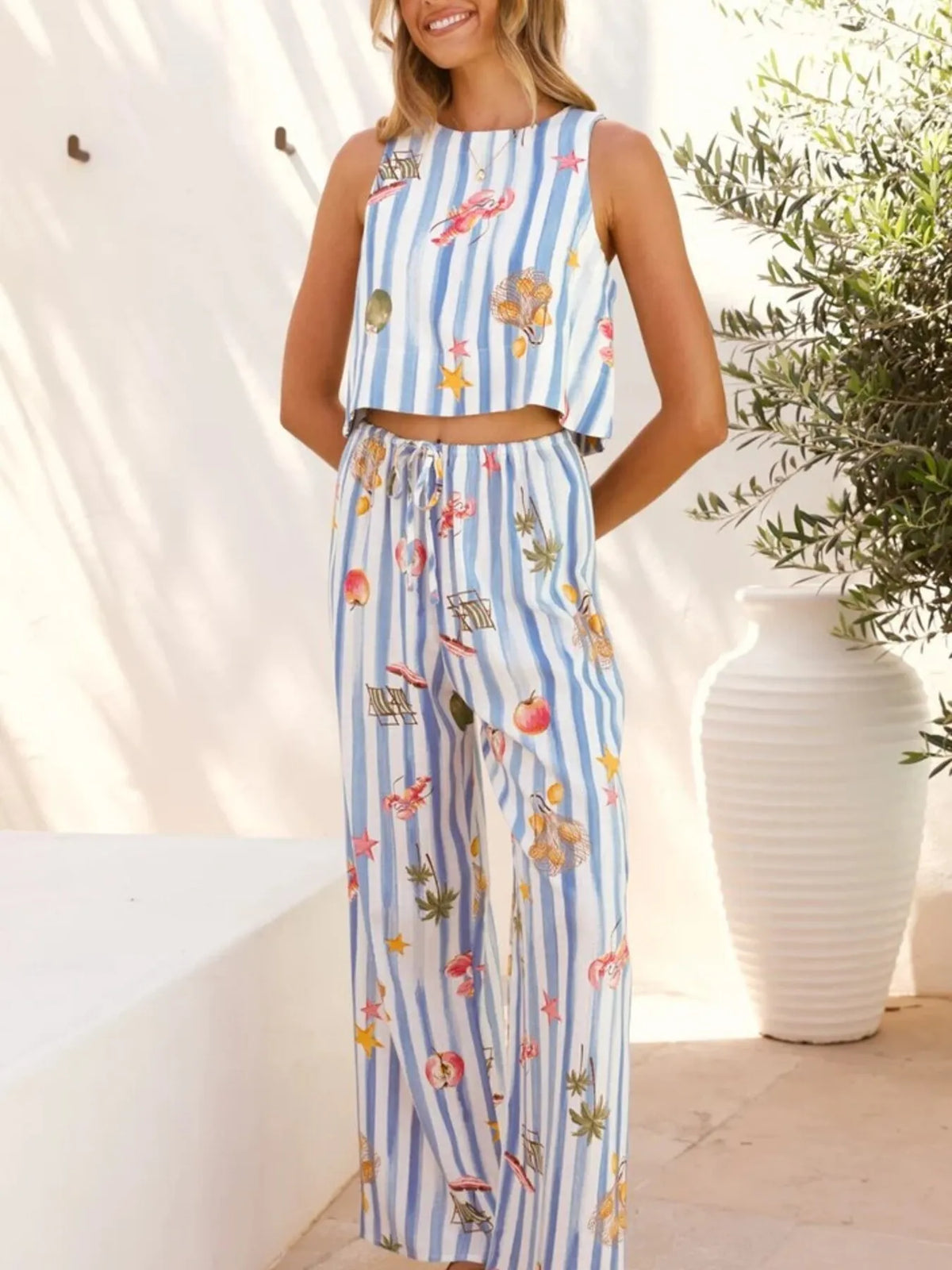 Printed Stripe Tank and Pants Set