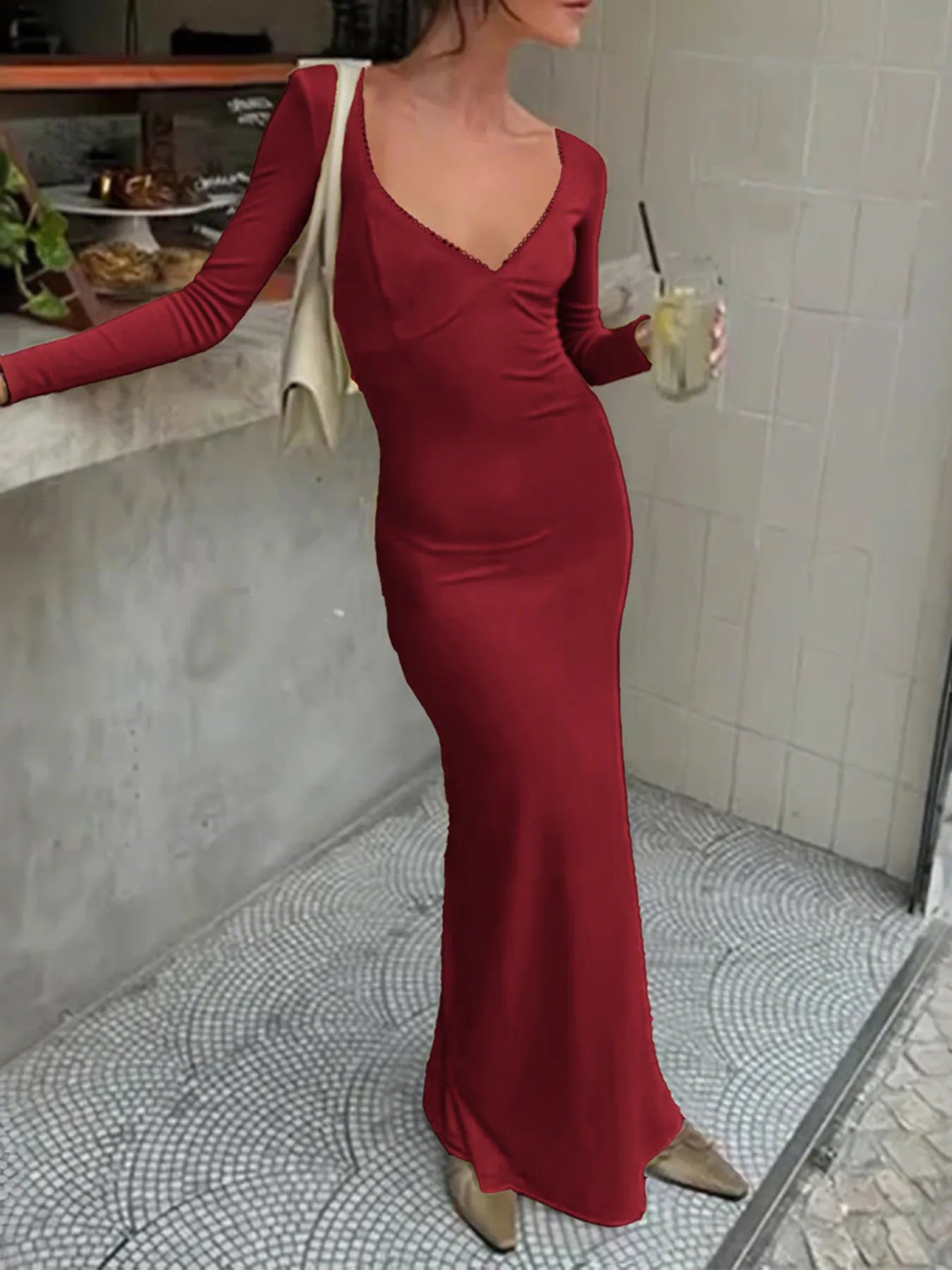 Deep-V Long Sleeve Slim Maxi Dress