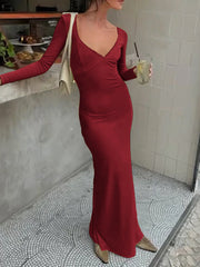 Deep-V Long Sleeve Slim Maxi Dress