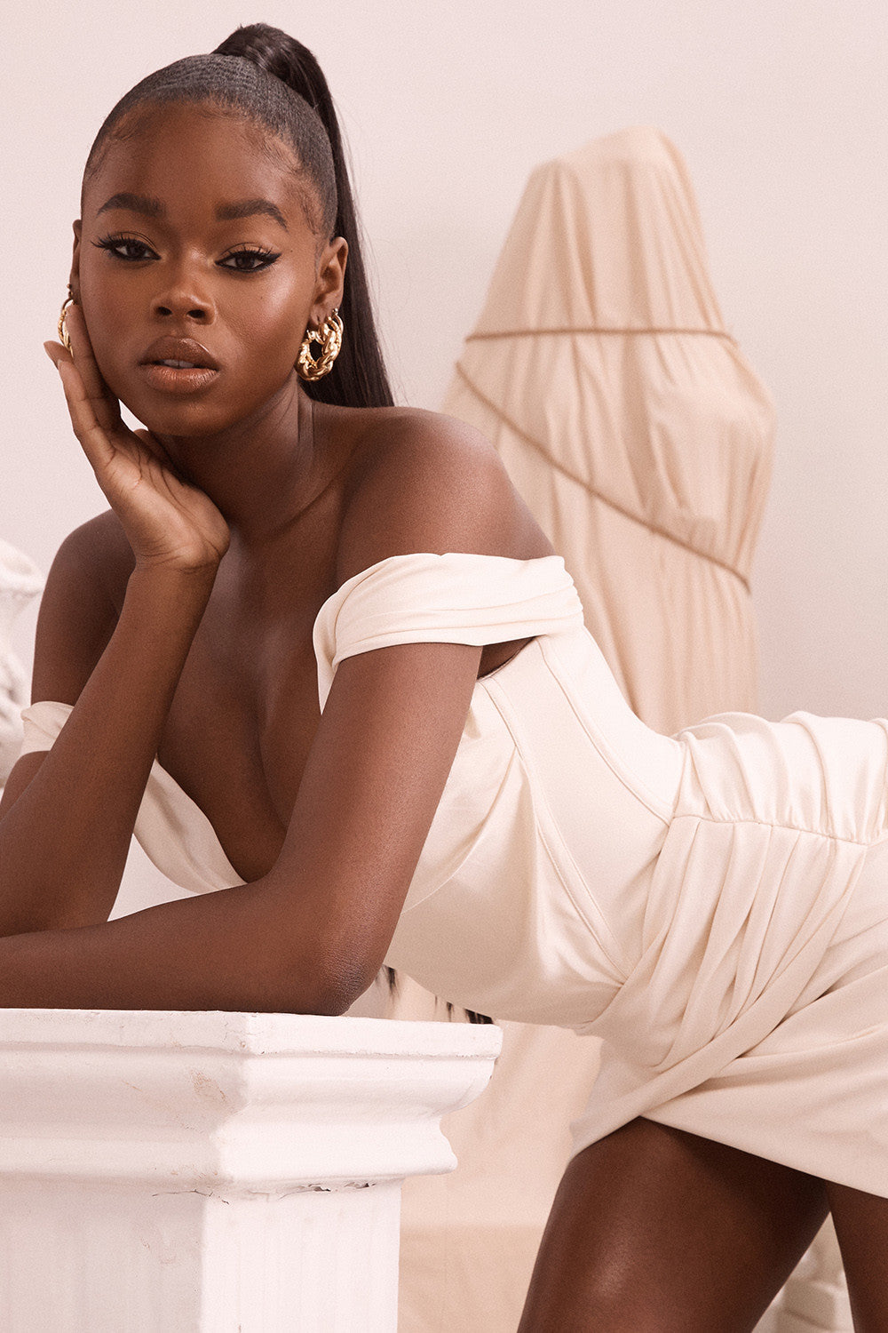 EVVA OFF SHOULDER SATIN MINI DRESS